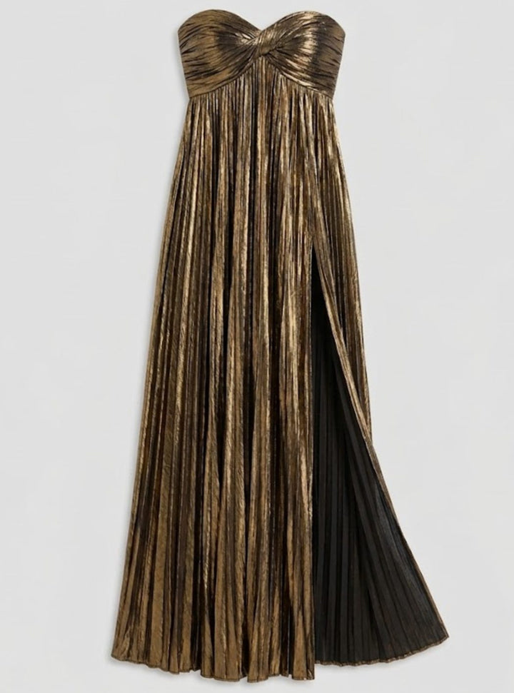 Women's Strapless Twisted-Bodice Pleated High-Slit Maxi Dress