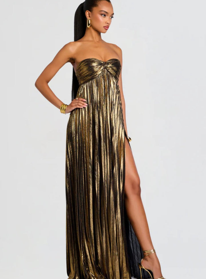 Women's Strapless Twisted-Bodice Pleated High-Slit Maxi Dress