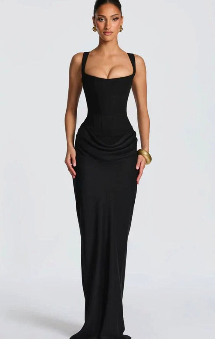 Women's Structured Bodice Square-Neck Draped Satin Maxi Dress - Black