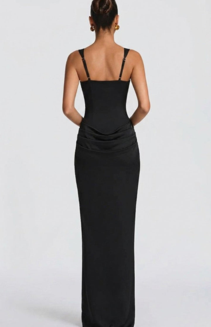 Women's Structured Bodice Square-Neck Draped Satin Maxi Dress