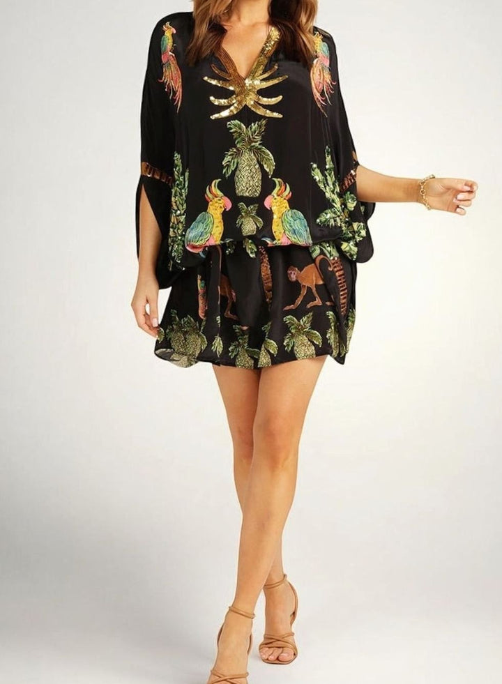 Women's Tropical Print Sequin Drop-Shoulder Maxi Dress